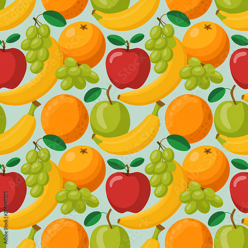 Colorful Tropical Fruit Seamless Pattern with Banana Apple Orange and Grape Background Design