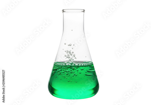 Erlenmeyer flask with green liquid isolated on transparent background