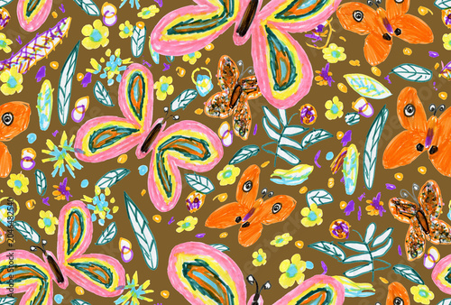 Summer joyful bold seamless patterns with childlike drawn butterflies and flowers on beige brown background. Hand drawn chaotic markers textured surface with pens texture
