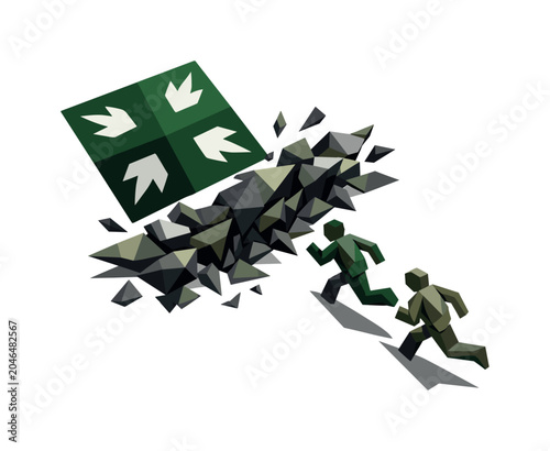 Evacuation Tension Scene. evacuation sign point, the obstacle and tension