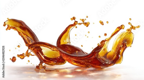 Macro photograph of amber maple syrup splash on a clean white background