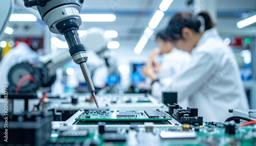A robotic arm precisely assembling a printed circuit board in a modern laboratory setting. The scene is illuminated with cool blue and white lights, highlighting the technological advancements