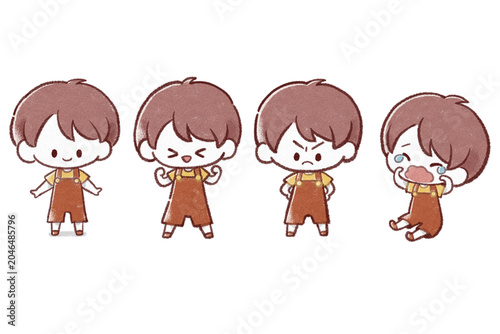様々なポーズと感情表現が入った、可愛い男の子の手描きイラストセット