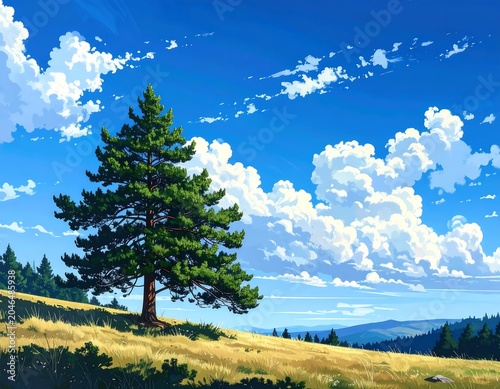 Serene countryside landscape with green tree and blue sky.