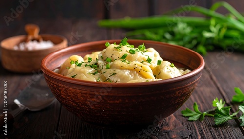 A brown ceramic bowl filled with macaroni and cheese, garnished with green herbs on a wooden table