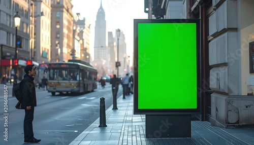 A bright green advertisement billboard on a city sidewalk