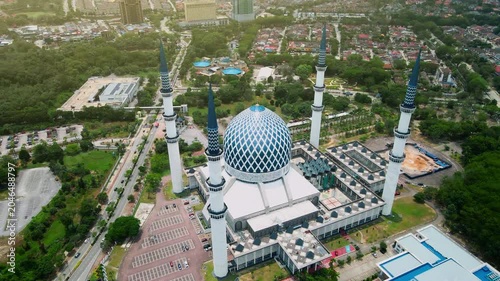 Aerial view of Sultan Salahuddin Abdul Aziz Shah Mosque, also known as the Blue Mosque, in Shah Alam, Selangor, Malaysia.