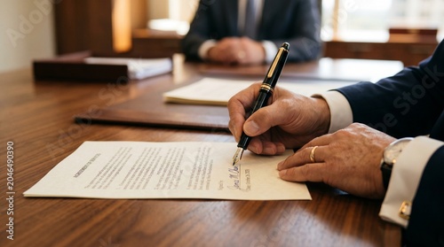 Fotografie A closeup of a businessman and businesswoman at an office table signing a financ