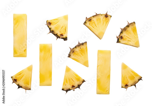 Fresh pineapple slices and chunks isolated on transparent background