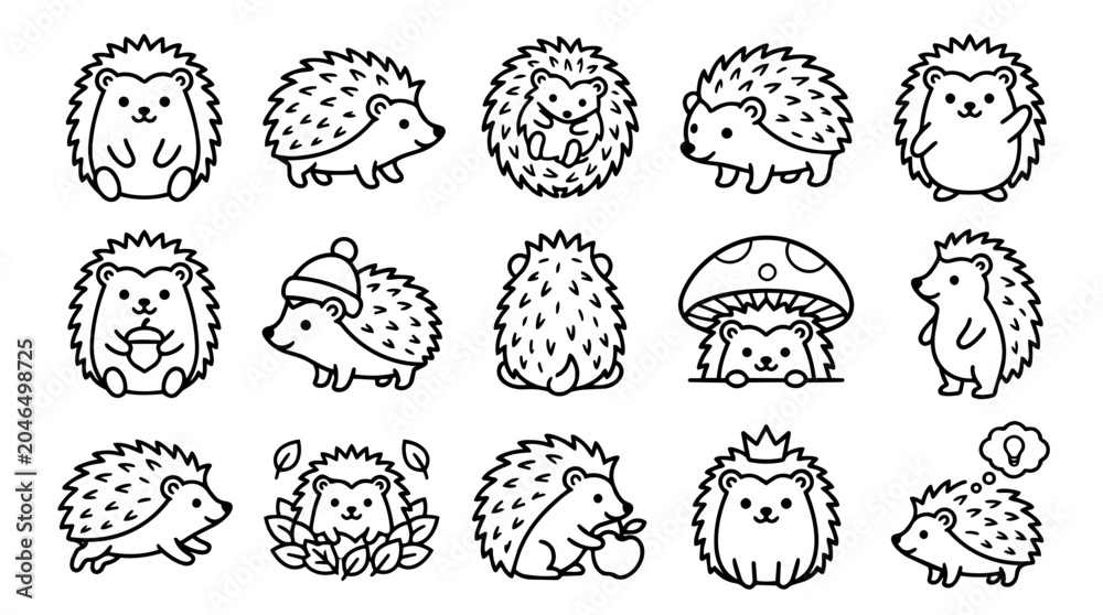 Fototapeta premium Set of charming hedgehog icons in different actions