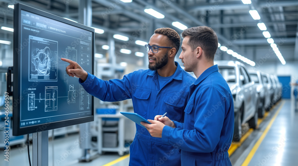 Fototapeta premium Automotive engineers analyzing digital blueprints on large touchscreen monitor at vehicle assembly plant. Professional technicians collaborating on car manufacturing process 