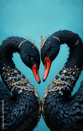 portrait of beautiful black swans in diamond presious necklace posing against blue background.  Digital art. Ai generated