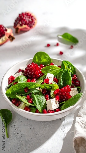 Fresh summer salad with strawberries and greens in white bowl.