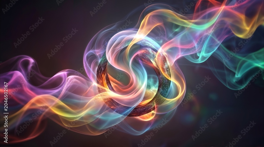 Obraz premium Abstract multicolored smoke plumes intertwining around a textured ring. Vibrant rainbow gas trails flowing through a dark void for creative design projects.