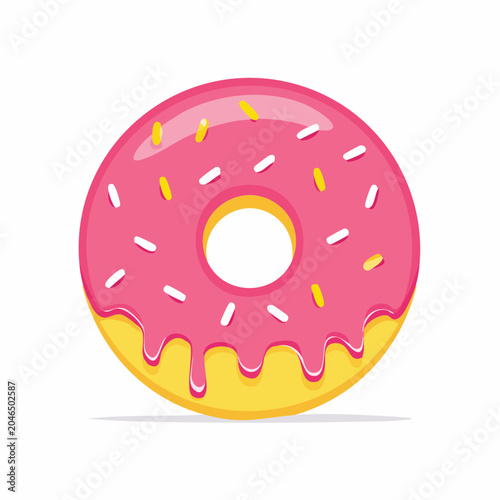 Pink iced donut with sprinkles on white background