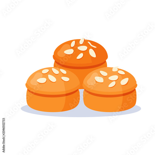 Three sweet pastries with almond slices on white background