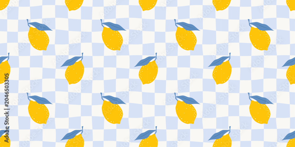 Obraz premium Italian summer seamless pattern with lemons on white and blue wavy checkered background. Trendy cute print for tablecloth textile, picnic blanket and napkin. Vector illustration