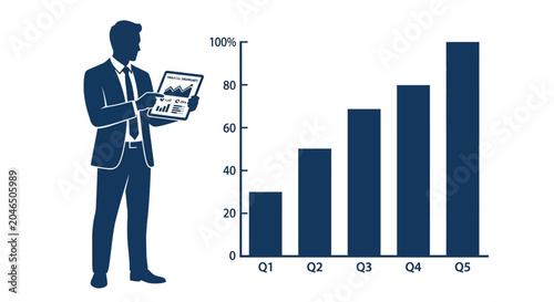 Canvastavla Businessperson Silhouette With Financial Chart And Digital Tablet Blue Tone