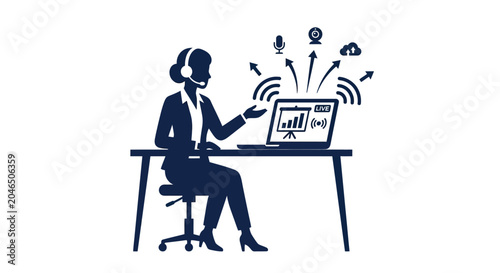 Bild auf Leinwand Silhouette Of Woman Using Laptop With Communication Icons Blue Tone