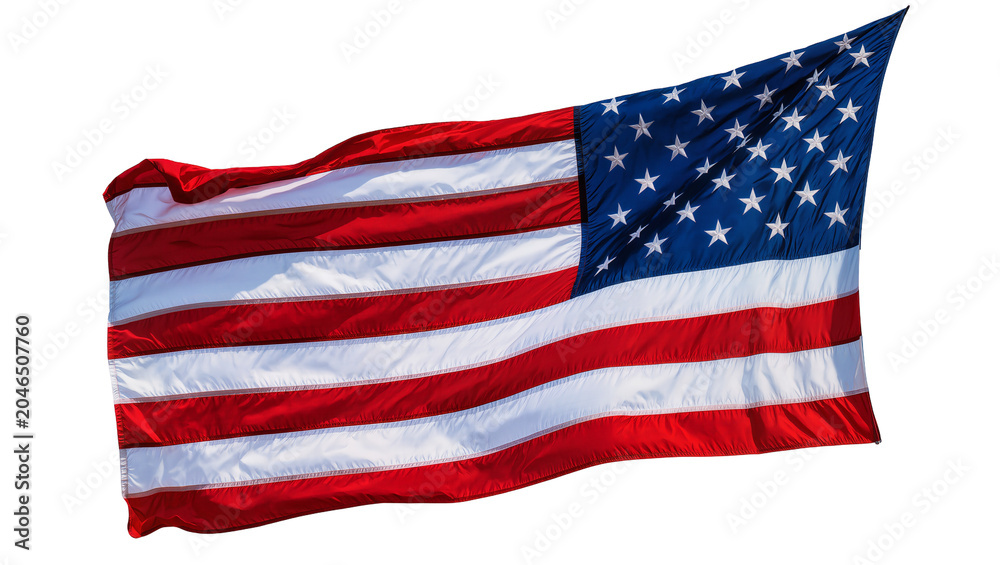 Fototapeta premium Waving American flag with red and white stripes and blue field of stars, isolated on transparent background