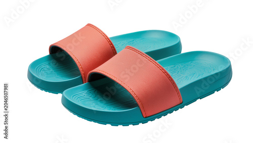 Canvastavla Coral pink slide sandals with teal soles, isolated on transparent background