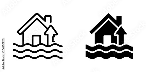 Obraz na płótnie Flood Warning Icons: House Submerged in Water with Rising Water Level Indicator,