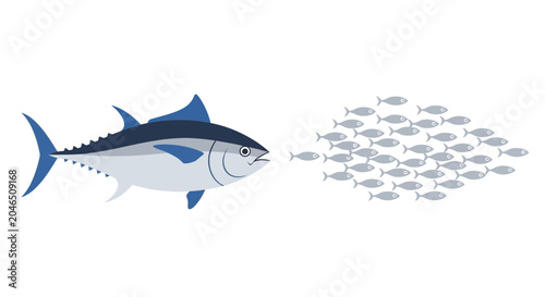 Tableau sur toile Large tuna fish chases school of small fish, concept of predator and prey, survi