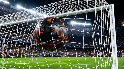 Soccer ball flying into goal net during nighttime stadium match