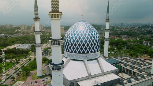 Aerial view of Sultan Salahuddin Abdul Aziz Shah Mosque, also known as the Blue Mosque, in Shah Alam, Selangor, Malaysia.