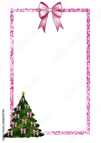 Pink Glitter Christmas Frame with Bow and Christmas Tree, A4 Holiday Template with Copy Space for Invitations, Letters and Festive Designs