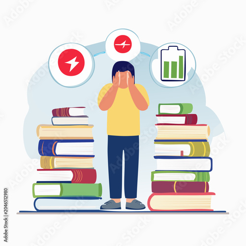 Person overwhelmed by books and low energy icons