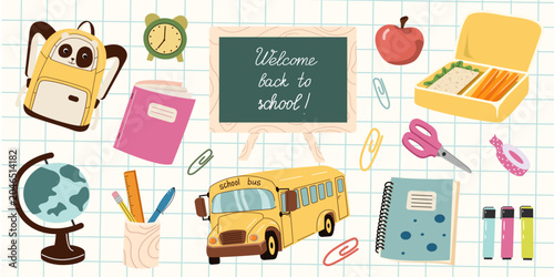 Schilderij op canvas Collection of school supplies including backpack, stationery, notebooks, lunchbox, and yellow bus