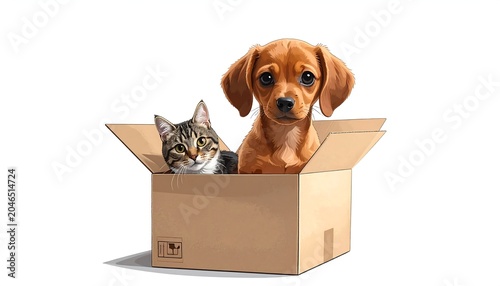 A brown dog and a tabby cat in a cardboard box