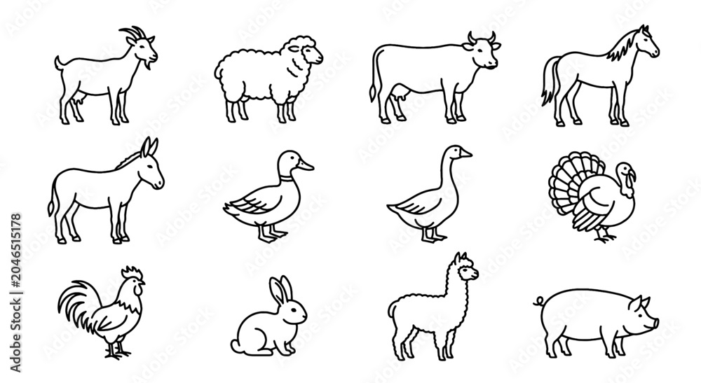 Fototapeta premium Farm Animals and Birds Outline Icon Set with Sheep Cow Duck Goose Rabbit and Llama
