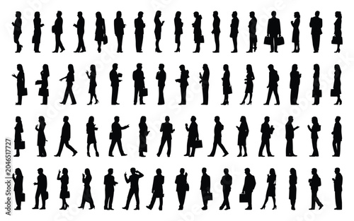 Human silhouettes in various poses black on white background