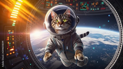 Tabby Cat Cosmonaut Floating Toward Camera in Spaceship Over Earth