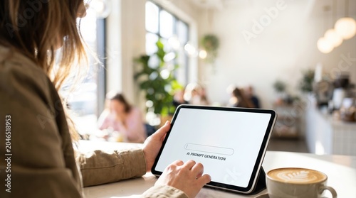 Professional using AI prompt generation on a tablet, working in a bright cafe, modern technology and productivity lifestyle