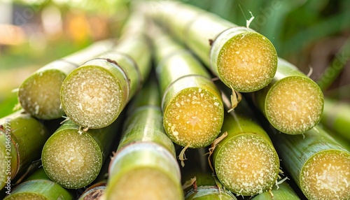 Freshly cut sugarcane stalks, showcasing their fibrous texture and natural sweetness, ready for processing or consumption