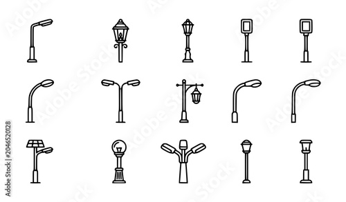 Slika na platnu Street light line icon vector set featuring vintage lamppost modern highway ligh