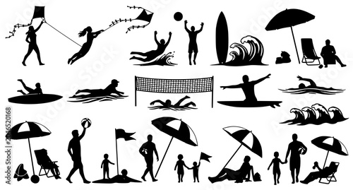 Summer beach activity silhouette vector set featuring people swimming surfing flying kites playing volleyball and relaxing under umbrellas