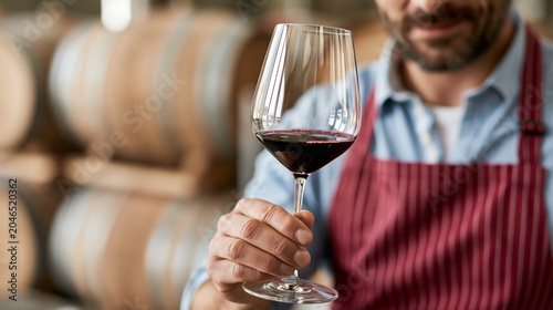Anonymous vintner and winery staff examining wine quality in a cellar, professional winemaking and quality control concept, faceless, defocused barrel background , with copy space