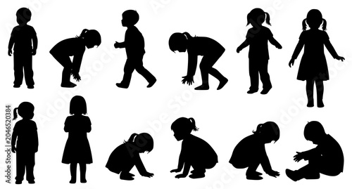 Obraz na płótnie Children playing vector silhouette set featuring little boys and girls bending w