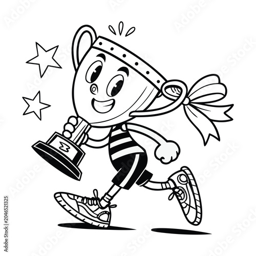 Cartoon bear, running, fitness icon, black and white vector