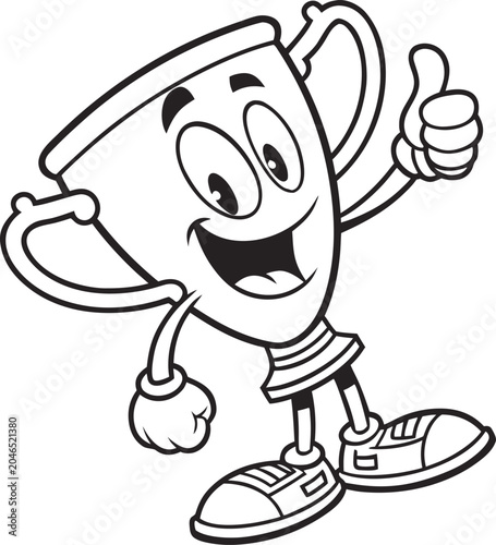 Fun, cartoon trophy character, smiling, thumbs up, black and white vector