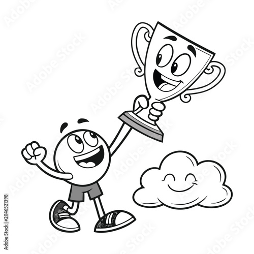 Cartoon victory, trophy, winner, achievement icon, black and white