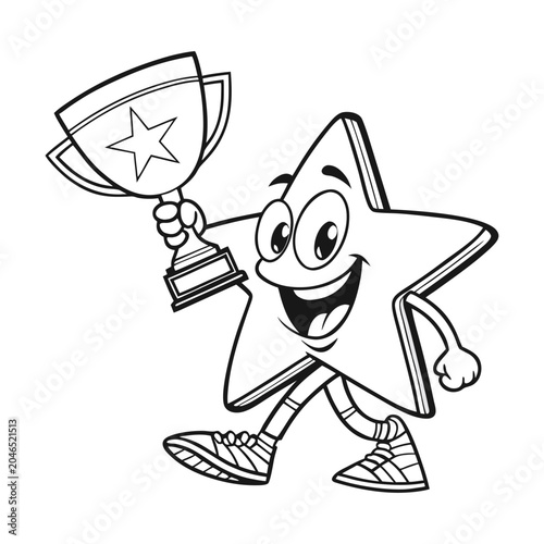 Star character, cartoon trophy winner, black and white vector, illustration, icon