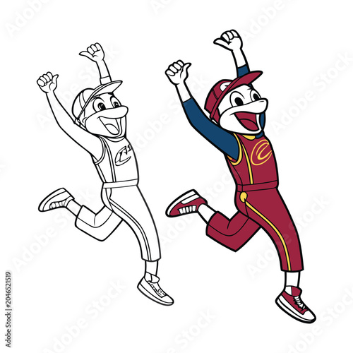 Cheerful cartoon mascot characters, jumping, colorful illustration, vector graphics