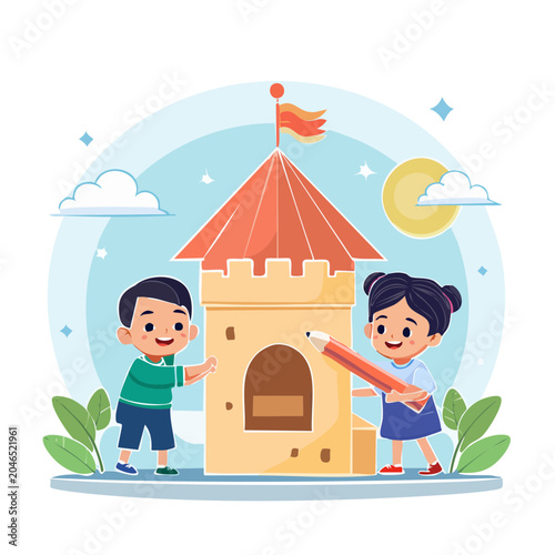 Children building a castle with a giant pencil