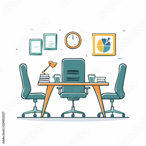 Flat design office meeting room with desk, chairs, and clock