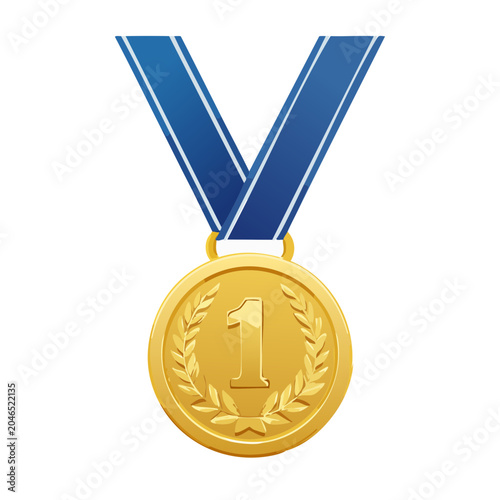 Gold medal with number 1 and blue ribbon